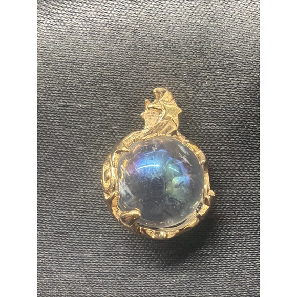 Jewelry - Crystal Ball Orb Pendant Gold Tone Moon Star Celestial Glass Charm .5" Whimsy